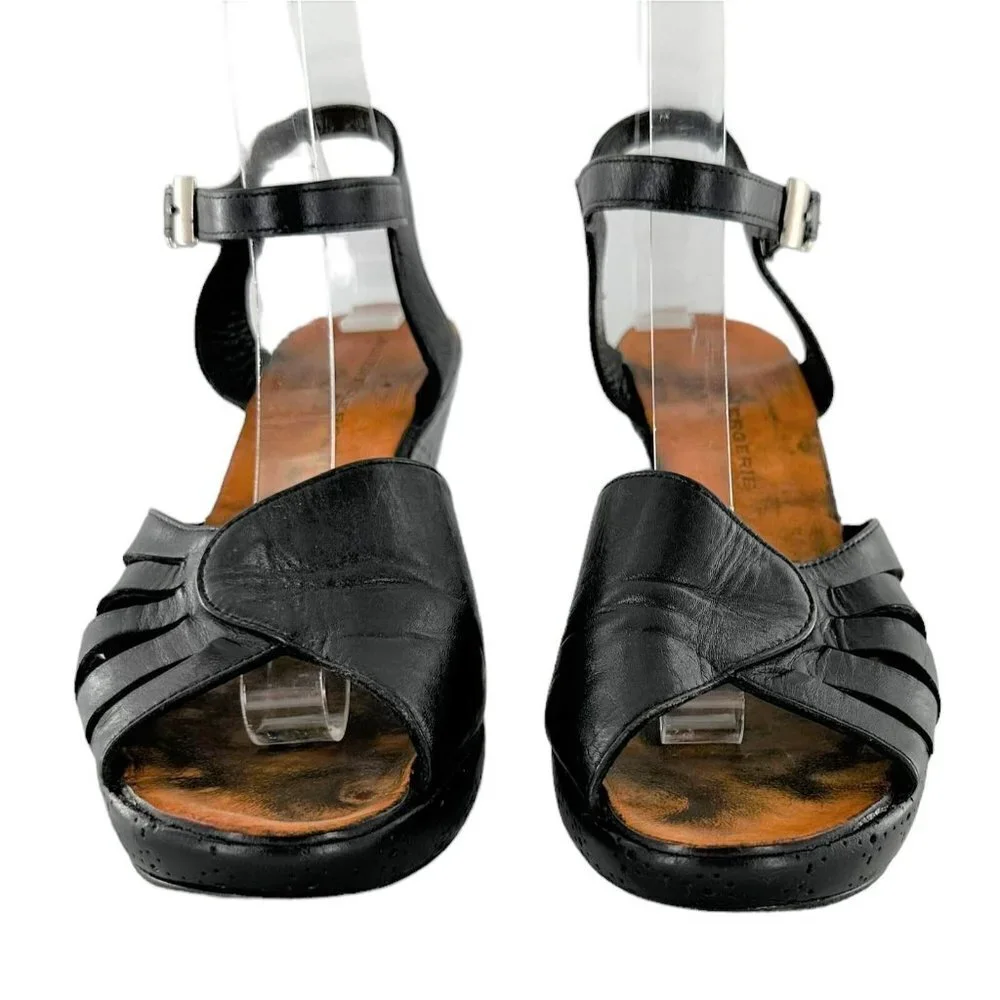Robert Clergerie Black Leather Ankle Strap Peep Toe Wedge Heels Size 6.5